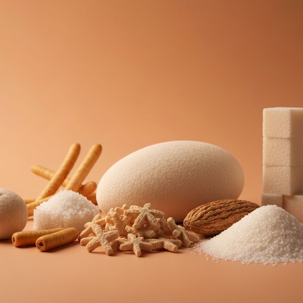 Institutionelle Fotografie von Kohlenhydratquellen: Vollkorngetreide, Pasta, Gemüse auf dunklem Hintergrund