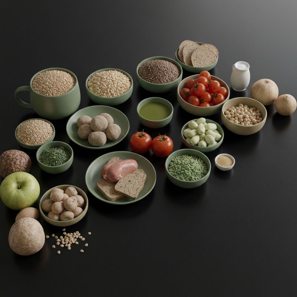 Künstlerische Fotografie einer ausgeglichenen Waage mit gesunden Vollwertprodukten auf dunklem Marmorboden